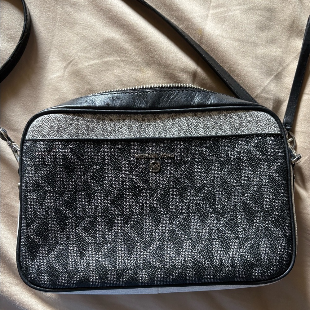 Michael Kors Black and Gray Messenger Bag with Monogram Pattern